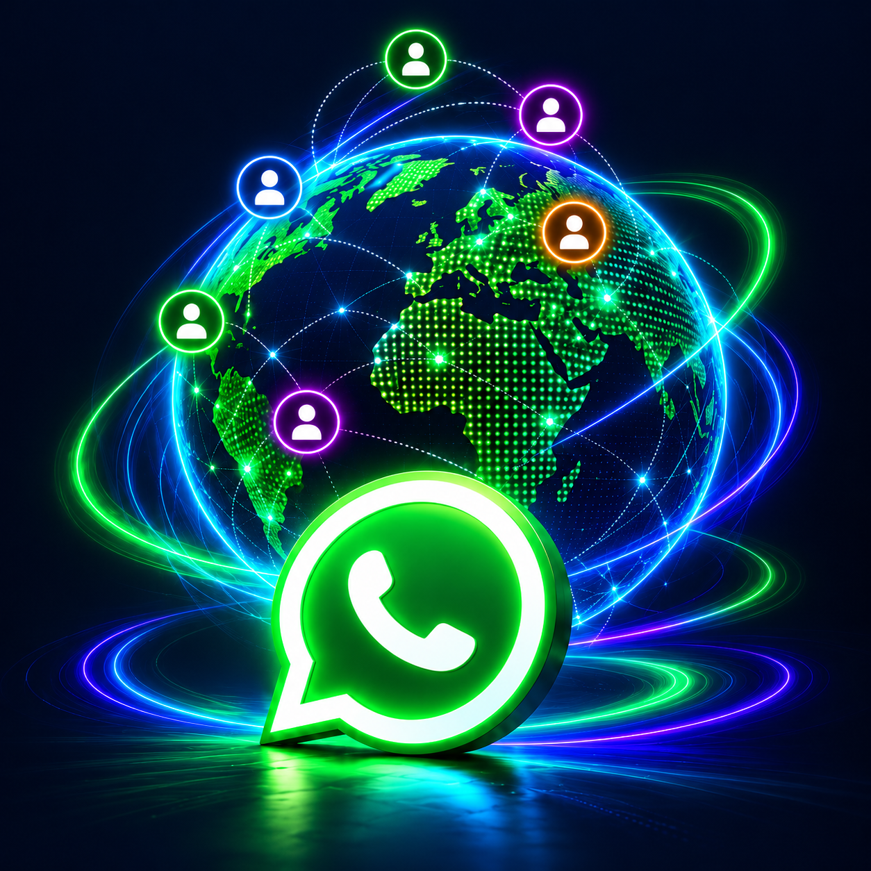 Connected workforce around a glowing globe with the complete WhatsApp symbol